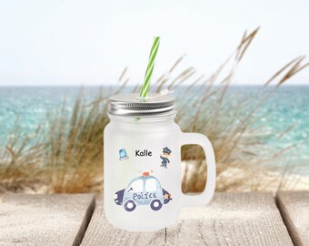 Handle glass Mason Jar mug /Personalized handle glass (satin)Children's glass mug with lid and straw 400 ml "Police"