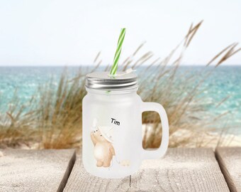 Handle glass Mason Jar mug /Personalized handle glass (satin)Children's glass mug with lid and straw 400 ml "Bear"