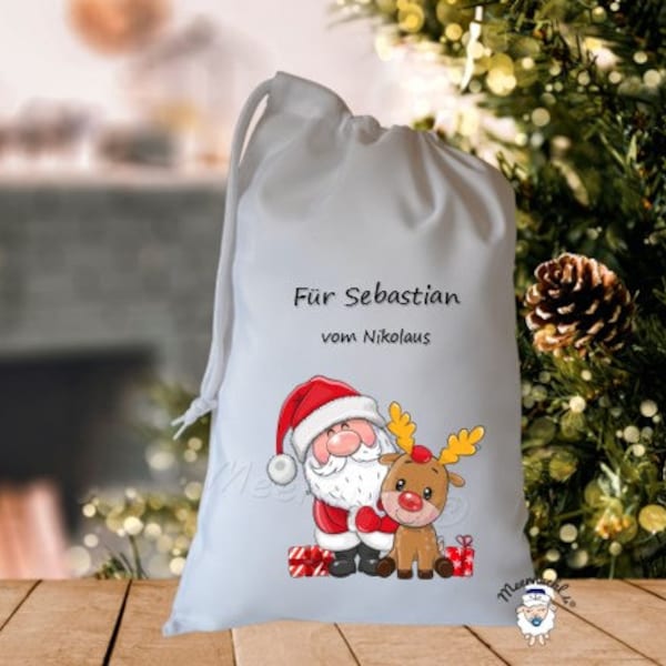 Nikolaussack personalisiert mit Name Motiv: Nikolaus und Rudi Größe des Säckchens frei wählbar - Nikolaus