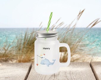 Handle glass Mason Jar mug /Personalized handle glass (satin)Children's glass mug with lid and straw 400 ml "Angler Seagull"