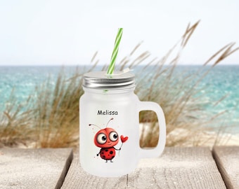Handle glass Mason Jar mug /Personalized handle glass (satin)Children's glass mug with lid and straw 400 ml "Happy Beetle"