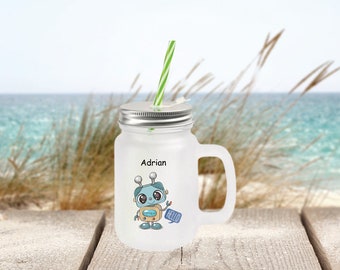 Handle glass Mason Jar mug /Personalized handle glass (satin)Children's glass mug with lid and straw 400 ml "Robo"