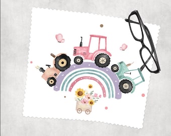 Children's glasses cloth, children's glasses cleaning cloth, glasses cleaning cloth, display cleaning cloth, glass cleaning cloth, microfiber cloth, "Rainbow Tractor Pink"