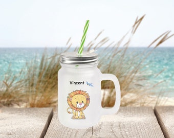 Handle glass Mason Jar mug /Personalized handle glass (satin)Children's glass mug with lid and straw 400 ml "Lion"