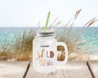 Handle glass Mason Jar mug /Personalized handle glass (satin)Children's glass mug with lid and straw 400 ml "Wild One"