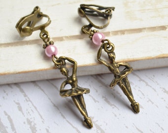 Ohrclips "Ballettauftritt" in bronze mit rosa Perle