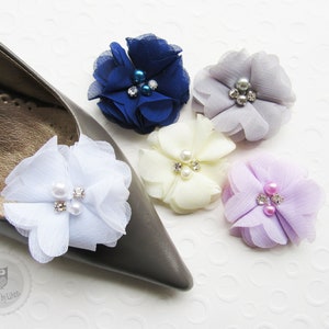 Schuhclips ca. 5 cm Chiffonblüte mit Perlen und Strass Farbwahl: marine, schneeweiß, creme, flieder, grau image 2
