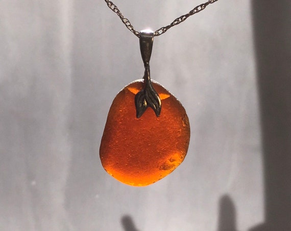 Beautiful Surf Tumbled Amber Seaglass Pendant Perfectly Shaped Thick Frosty Doc Ricketts And John Steinbeck Era Jewelry Quality Seaglass - 