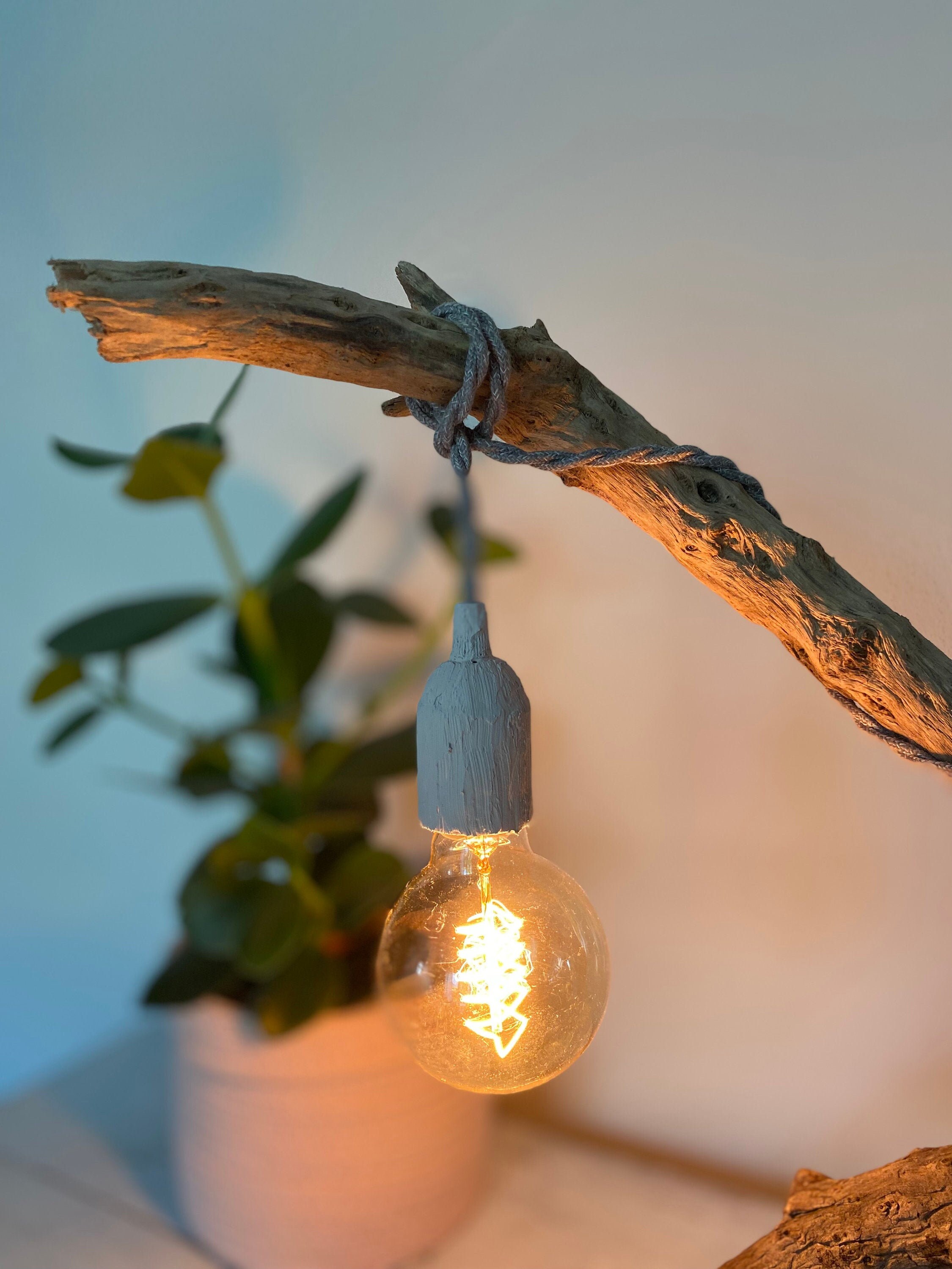 Lampe à Bois Flotté avec Cordon Textile et Ampoule Filament