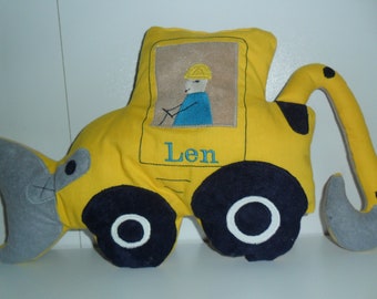 Cuddly pillow wheel loader with double shovel and embroidered driver free personalization