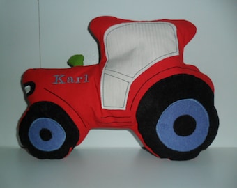 Red tractor cuddly pillow