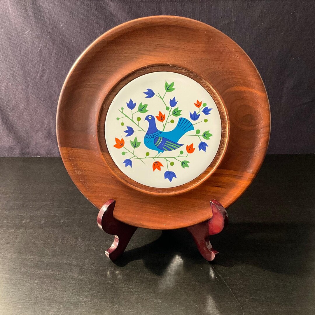 Vintage Wood Round Trivet Cheese Board Ceramic Tile Blue Bird Folk Art ...