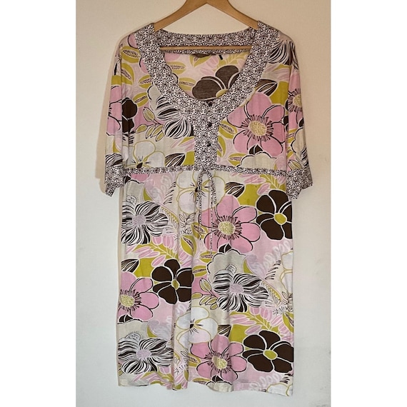 Tommy Bahama, Vintage Tommy Bahama Floral Print Drawstring Dress Pink Brown Green Casual