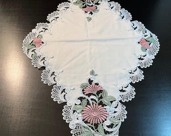 Vintage Floral Embroidered Lace Table Accent Doily Runner Cottagecore Granny