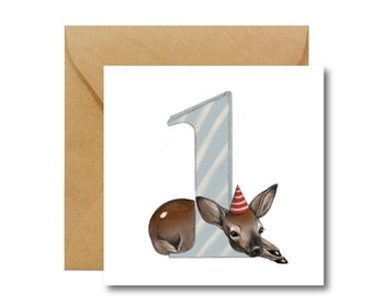1st Birthday Card with Little Deer | Baby Birthday Card | Ecological Paper