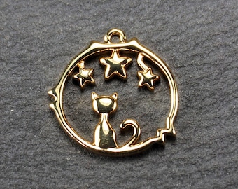 1 Katzen Anhänger Edelstahl ionenvergoldet Medaillonstil Katze Sterne Sternenhimmel Katzenfrau Katzenliebhaber Tierliebe Goldschmuck, 11069