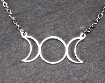 1 Edelstahl Collier dreifache Mondgöttin 304 Edelstahl versilbert mit Kette offen Mondphasen Wicca Göttin Mystik, 11317
