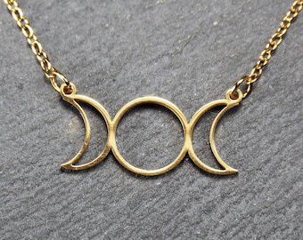 1 Edelstahl Collier dreifache Mondgöttin 304 Edelstahl vergoldet mit Kette offen Mondphasen Wicca Göttin Boho Mystik, 11316