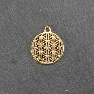 Puede incluir: Un colgante de color dorado con un diseño detallado de la flor de la vida. El colgante es circular y tiene un patrón delicado e intrincado.
