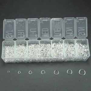 Könnte beinhalten: Eine transparente Plastik-Aufbewahrungsbox mit sieben Fächern, die jeweils mit silbernen Sprungringen gefüllt sind. Die Box ist für jeden Tag der Woche beschriftet, beginnend mit "SON" und endend mit "SAM".