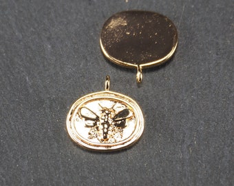1 ovaler Bienenanhänger, Messing 24K Vergoldet, Plakette Medaillon, 11062