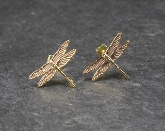 1 pair of dragonfly stud earrings, 24 carat gold plated, 10849