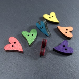 5 colorful wooden buttons, 18 mm, wooden buttons, heart, 10355