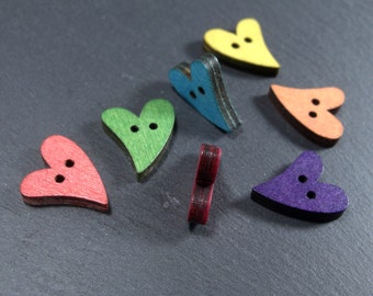5 colorful buttons wood, 18 mm, wooden buttons, heart, 10355