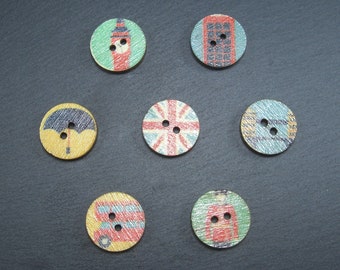 7 Buttons Wood, 15 mm, Wooden Buttons, London Mix, 10356