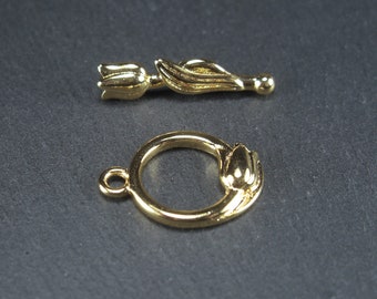 1 x Toggle closure, floral, 1 set for bracelet, necklace, brass, 24 carat gold plated, closure, 10340