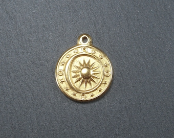 1 pendant sun, moon and stars, stainless steel, gold-plated, 10457