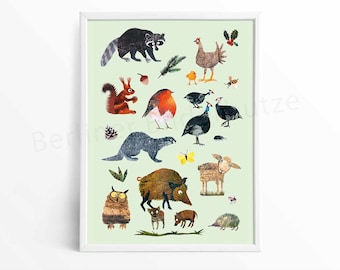 Tierposter "Wald- und Hoftiere" | Papiercollagen DIN A4 | Tiere des Waldes | Poster Wandbild Kinderzimmer