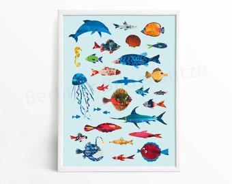 Tierposter "Bunte Fische", Fischarten, Papiercollagen, DIN A4, Wandbild, Poster Kinderzimmer, Geschenk