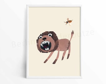 Tierposter "Löwe und Biene", Druck einer Papiercollage, DIN A4, Wandbild, Kinderbild, Kinderposter, Kinderzimmer