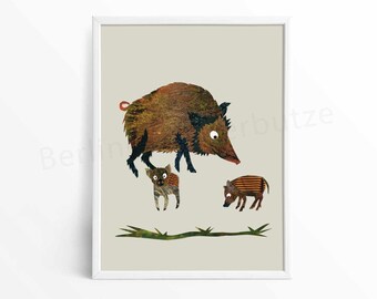 Tierposter "Wildschweine", Druck einer Papiercollage, DIN A4, Wandbild, Kinderbild, Kinderposter, Kinderzimmer