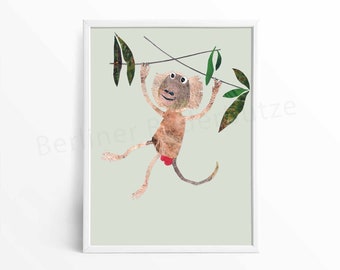 Tierposter "Pavian", Druck einer Papiercollage, DIN A4, Wandbild, Kinderbild, Kinderposter, Kinderzimmer