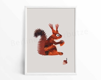 Tierposter "Eichhörnchen" | Druck einer Papiercollage | DIN A4 | Wandbild Kinderbild Kinderposter Kinderzimmer Geschenk