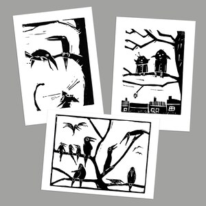 3 Karten "Auf dem Baum", Digitaldruck vom Linolschnitt, DIN A6, Kartenset, 105 x 148 mm, schwarzweiß