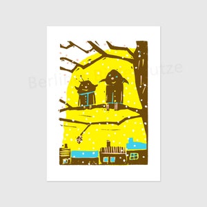 Kleurrijke ansichtkaart "Winter Fun", digitale print van linosnede, kerstkaart, DIN A6, 105 x 148 mm