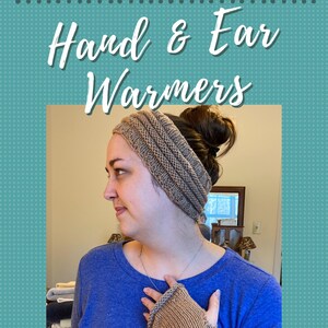 Op de afbeelding: Een persoon draagt ​​een bruin gebreid hoofdband en bijpassende vingerloze handschoenen. Het hoofdband bedekt de oren.  Hand & Ear Warmers.