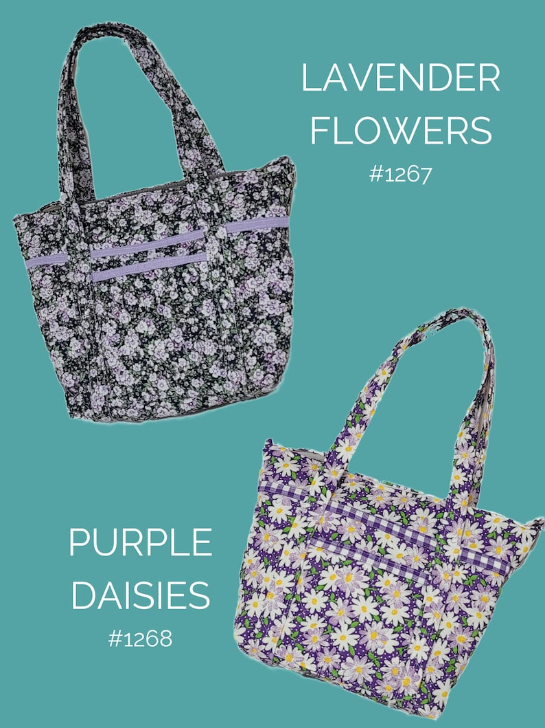 Op de afbeelding: Twee tote tassen met bloemenpatronen. E&eacute;n heeft lavendelbloemen op een zwarte achtergrond, de andere paarse madeliefjes. Beide tassen hebben bijpassende handvatten en afwerking. De tekst op de afbeelding luidt "Lavender Flowers #1267" en "Purple Daisies #1268".