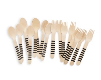 Black Stripe Wooden Cutlery Set, Eco-Friendly Party Utensils