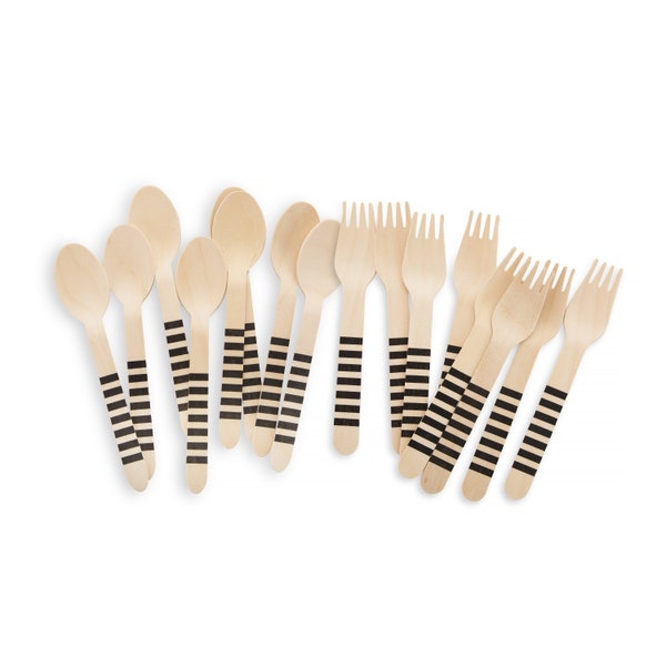 Black Wooden Party Utensils. Black Stripe Forks and Spoons. Disposable Bamboo Cutlery. Eco-Friendly Utensil Tableware