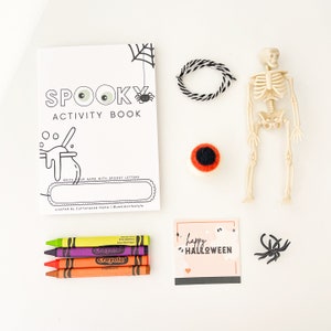 May include: A Halloween activity kit containing a white activity book titled SPOOKY ACTIVITY BOOK, a plastic skeleton figure, a black and white twisted cord, a felt eyeball, four Crayola crayons in yellow, purple, and orange, and a small card with a ghost.
