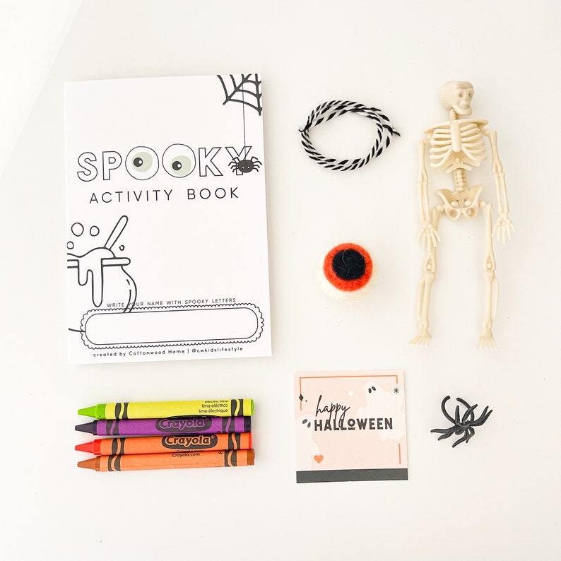 May include: A Halloween activity kit containing a white activity book titled SPOOKY ACTIVITY BOOK, a plastic skeleton figure, a black and white twisted cord, a felt eyeball, four Crayola crayons in yellow, purple, and orange, and a small card with a ghost.