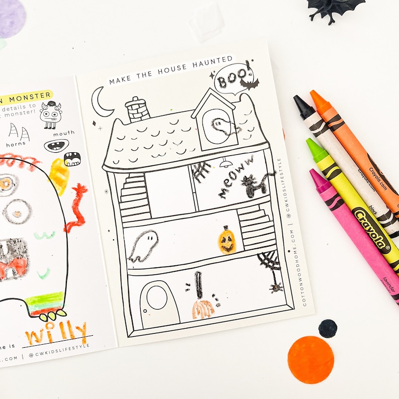 May include: A coloring book page featuring a haunted house illustration with the text MAKE THE HOUSE HAUNTED, BOO, and meoww, alongside a partially colored monster page labeled WILLY, accompanied by four Crayola crayons in black, orange, lime, and pink.