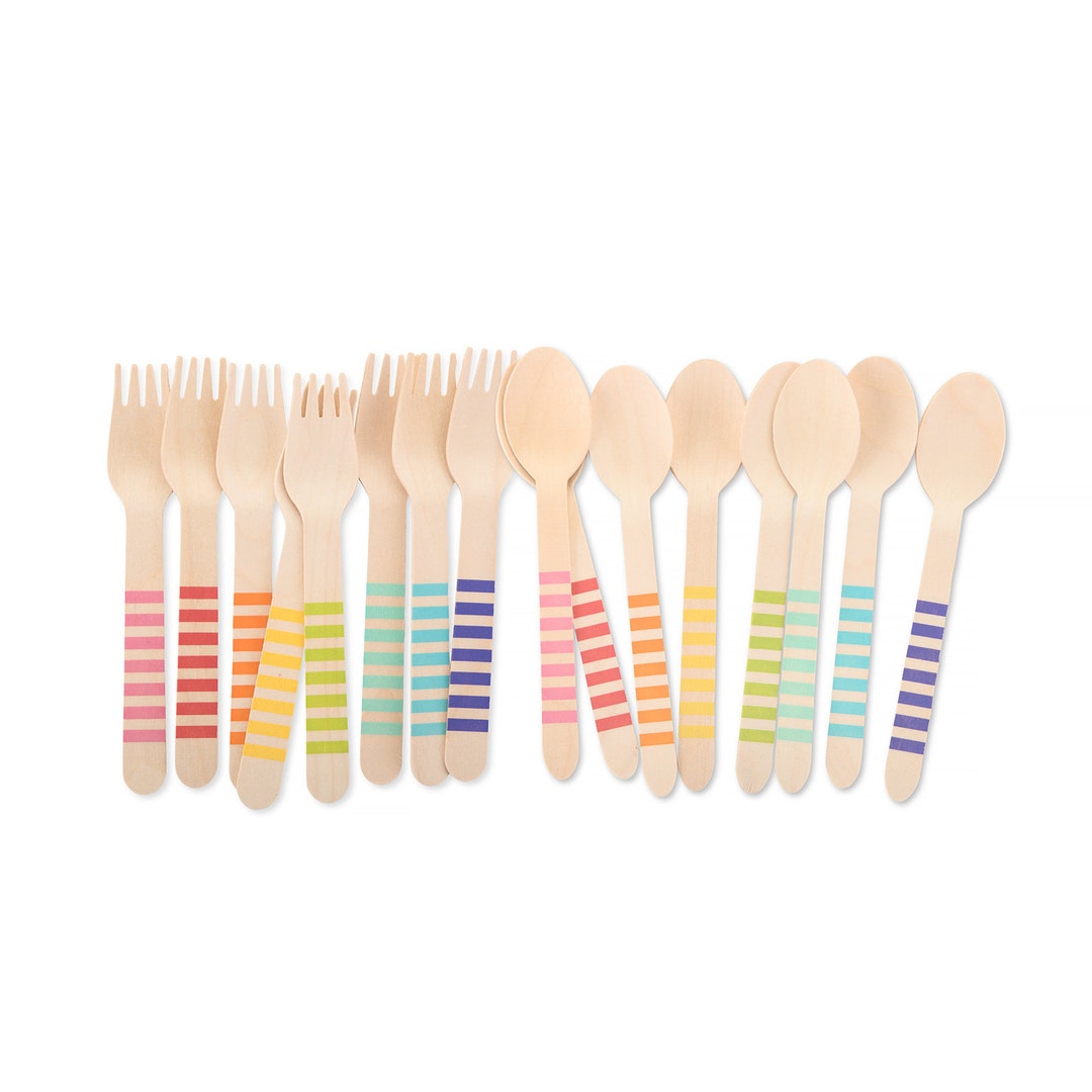 Disposable Wooden Party Utensils Rainbow Stripe Forks and - Etsy