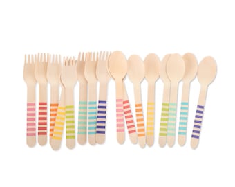 Disposable Wooden Party Utensils | Rainbow Stripe Forks and Spoons  | Eco-Friendly Cutlery | Biodegradable Colorful Birthday Tableware