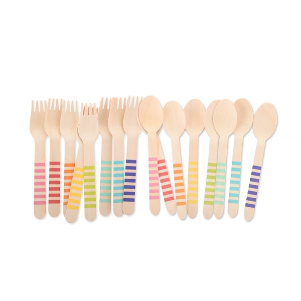 Disposable Wooden Party Utensils | Rainbow Stripe Forks and Spoons  | Eco-Friendly Cutlery | Biodegradable Colorful Birthday Tableware