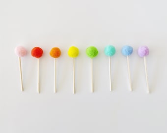 Rainbow Pom Pom Cupcake Toppers | Kids Birthday Cake Decor